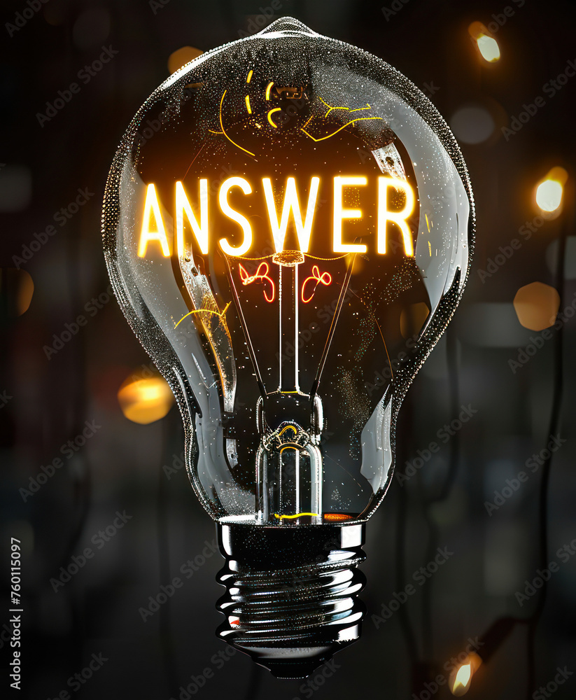 Poster conceptual illustration of a light bulb with a glowing filament forming the word answer, depicting t