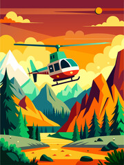 A helicopter flies over a green, mountainous landscape with a river running through it.