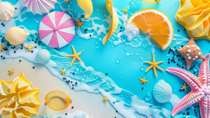 Fototapeta na wymiar Create a vibrant summer-themed card showcasing sun-kissed beaches, playful activities, and cheerful greetings for a sunny season ahead