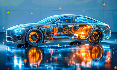 Transparent high-tech automobile design showcasing internal mechanics and technology systems, represented in a futuristic 3D blueprint aesthetic
