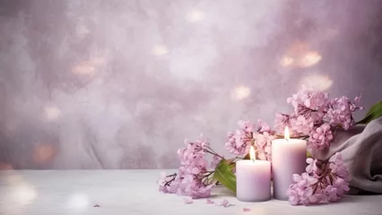 Keuken spatwand met foto An incredible atmosphere, lilac and aromatic candles on a gentle background of pastel colors © nik