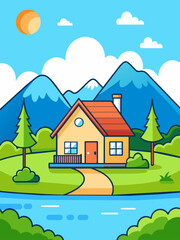 Serene home vector water landscape background with tranquil blue waters, lush greenery, and a warm sunset glow.
