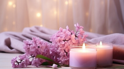 Obraz na płótnie Canvas An incredible atmosphere, lilac and aromatic candles on a gentle background of pastel colors