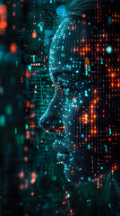 Abstract digital human profile with streaming code, symbolizing artificial intelligence, data analysis, and the fusion of technology with humanity
