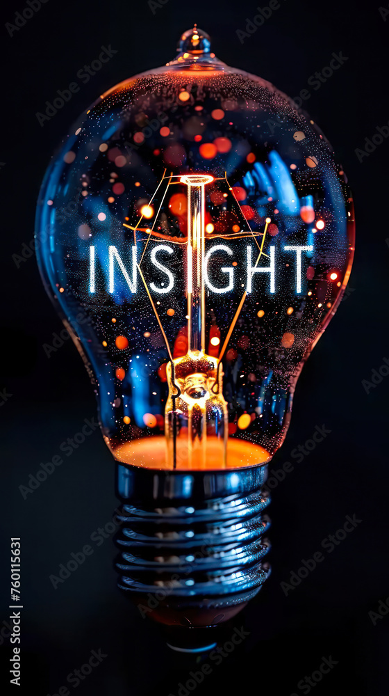 Poster creative concept of a glowing light bulb with the word insight illuminated within, symbolizing idea 