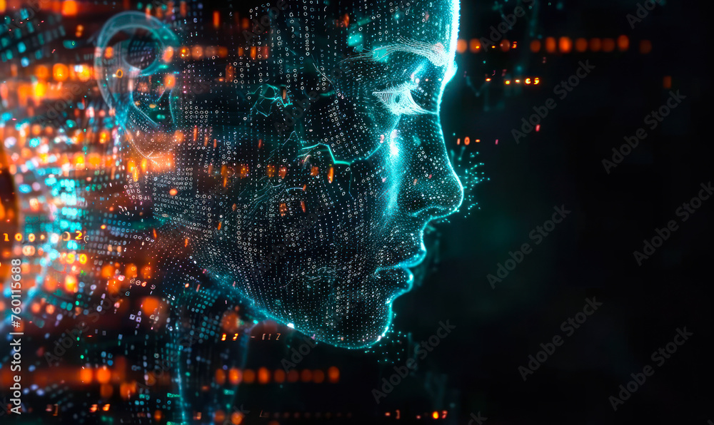 Poster abstract digital human profile with streaming code, symbolizing artificial intelligence, data analys