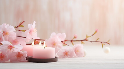 An incredible atmosphere, cherrys blossom and aromatic candles on a gentle background of pastel colors
