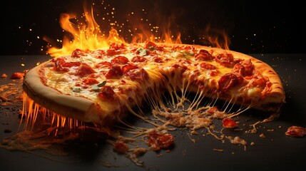 An appealing image with a pizza engulfed in flames, showcasing melting cheese and charred crust
