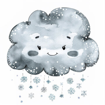 cute cartoon watercolor gray cloud, black eyes, many snowflakes falling from underneath the cloud, happy