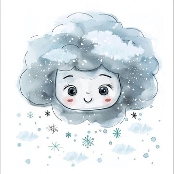 cute cartoon watercolor gray cloud, black eyes, many snowflakes falling from underneath the cloud, happy
