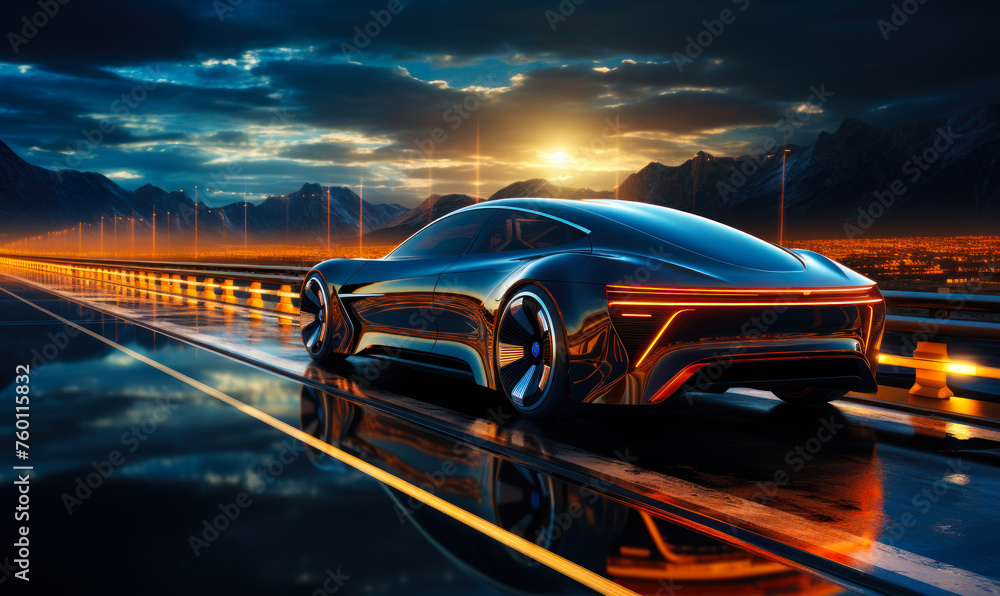 Poster high-speed autonomous vehicle with dynamic light trails on a highway, representing the concept of fu