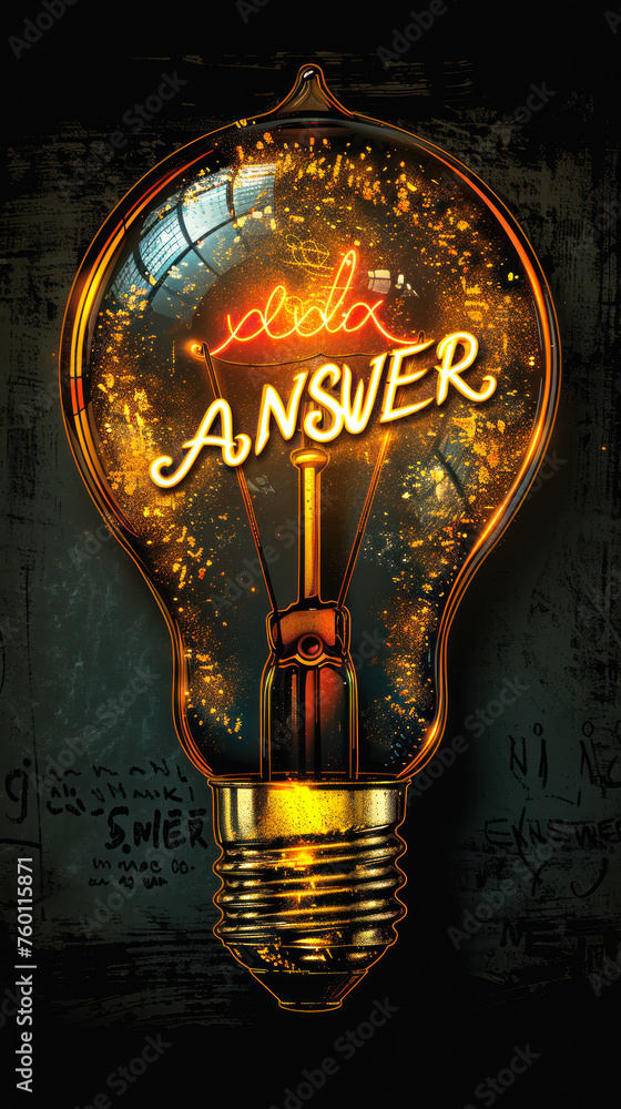 Poster conceptual illustration of a light bulb with a glowing filament forming the word answer, depicting t