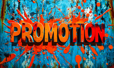 Explosive Promotion Word in Bold Orange Graffiti Style on a Vibrant, Dynamic, Grungy Blue Paint Splattered Background