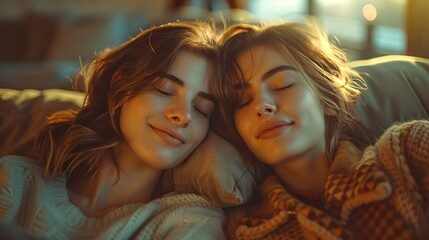 Two women are sleeping on a couch