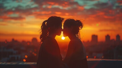 Two women are kissing each other while the sun is setting in the background