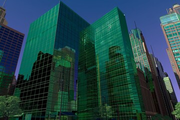 Fototapeta premium Glossy glass skyscrapers in urban city environment. Corporate businesses, high rise office spaces, and financial districts, reflecting the dynamic nature of urban design and aesthetics.