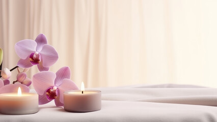 An incredible atmosphere, orchid and aromatic candles on a gentle background of pastel colors
