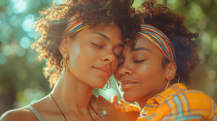 Two women are hugging each other in the sun