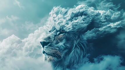 Cloud in the form of a lion. Business metaphor in the form of a cloudy aggressive lion - obrazy, fototapety, plakaty