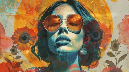 Collage in the style of the 70s. Retro portrait of a woman. Nice poster. Hippie style