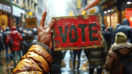 VOTE placard raised in a bustling city scene. Hand holding red VOTE sign. A plea for electoral engagement in public. Concept of elections, suffrage, public appeal, and electoral process. - obrazy, fototapety, plakaty