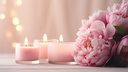 An incredible atmosphere, peonies and aromatic candles on a gentle background of pastel colors
