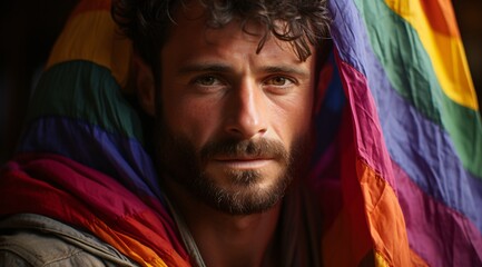 A man is wearing a rainbow flag and has his face covered by it