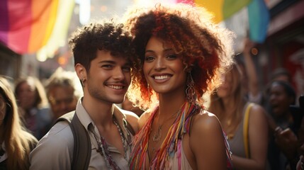 A man and woman are smiling at the camera in a crowded street