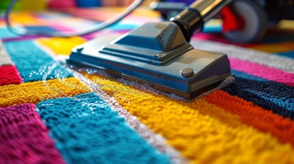 Close-up of a vacuum cleaner head on a colorful striped carpet with water beads. Rug cleaning. Home maintenance and cleaning concept for design and print. Detailed household chore - obrazy, fototapety, plakaty
