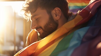 A man is lying on a bed with a rainbow flag draped over him