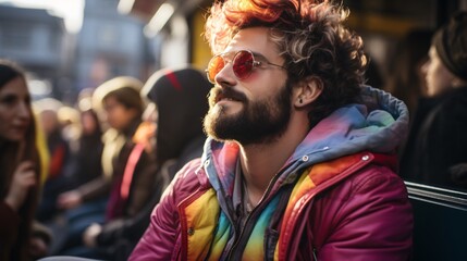 A handsome man with colorful hair and beard wearing a rainbow jacket