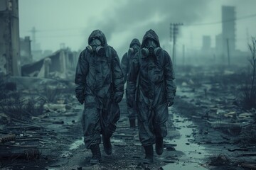 Three people in hazmat suits and gas masks walk through a desolate, flooded landscape. In the background, there are power lines and ruins of buildings. The sky is dark and overcast. - obrazy, fototapety, plakaty