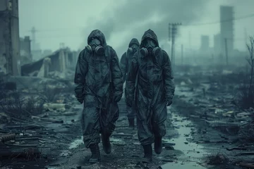 Fotobehang Three people in hazmat suits and gas masks walk through a desolate, flooded landscape. In the background, there are power lines and ruins of buildings. The sky is dark and overcast. © Neuraldesign