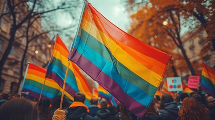 A group of people are holding rainbow flags and signs - obrazy, fototapety, plakaty