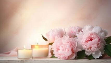 Obraz na płótnie Canvas An incredible atmosphere, peonies and aromatic candles on a gentle background of pastel colors 