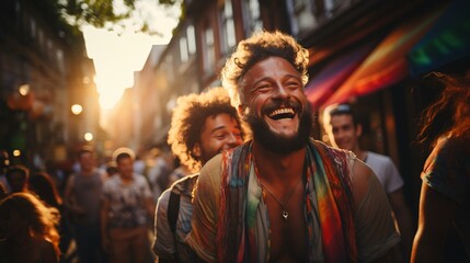 A gay man with short curly hair and beard wearing colorful laughing in the street