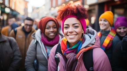A diverse group of people wearing colorful hats and scarves