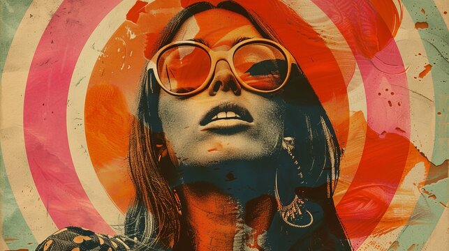 Collage in the style of the 70s. Retro portrait of a woman. Nice poster. Hippie style
