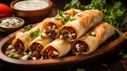 Gourmet beef burritos filled with meat and vegetables on a rustic wooden serving board