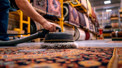 Industrial carpet cleaner in action on an ornate rug. Precision cleaning in a carpet showroom. Concept of rug restoration, professional cleaning service, maintenance techniques and carpet maintenance.