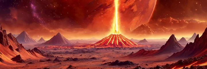 Gordijnen A fantastical scene of a volcano with a bright orange glow, surrounded by a barren landscape. The volcano appears to be spewing fire, creating a visually striking and otherworldly atmosphere. © Aleksei Solovev