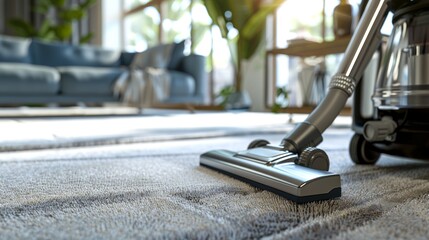 Vacuum cleaner on the white carpet in a cozy living room interior. Rug vacuuming. Concept of home care, cleanliness, home cleaning, daily chores, and domestic equipment.