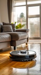 Black Automated robot vacuum cleaner cleaning hardwood floor in a cozy home. Intelligent cleaning device at work. Concept of domestic robotics, cleanliness, and hands-free operation. Vertical format