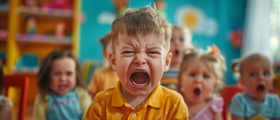 Crying Children having a tantrum at a day care - obrazy, fototapety, plakaty