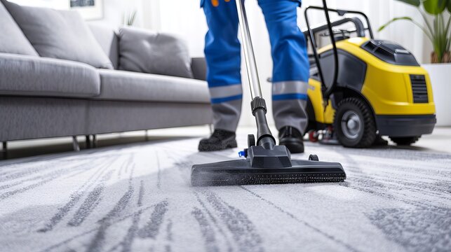 Professional cleaning service using a high-powered vacuum cleaner on a carpet in a modern home setting. Commercial cleaning equipment in use for domestic upkeep. Home cleaning and maintenance concept