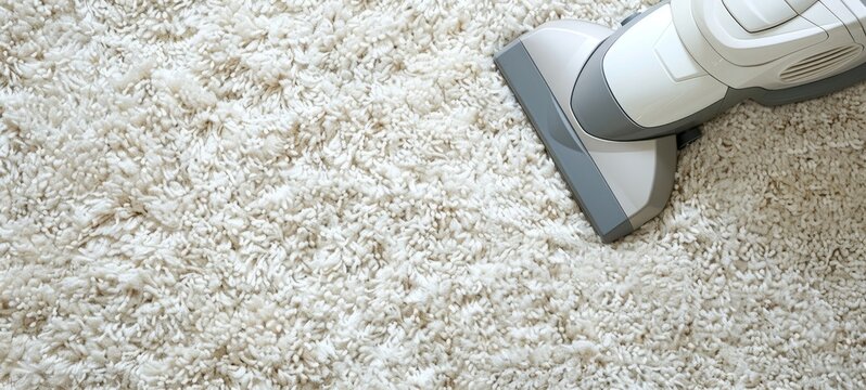 Vacuum cleaner on a white rug. Thorough carpet cleaning. Vacuuming. Concept of household chores, home hygiene, routine housework, effective cleaning tools. Banner. Copy space. Top view