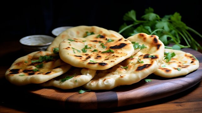 Appetizing image of freshly baked naan bread garnished with cilantro on a wooden serving board in a rustic kitchen setting