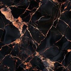Seamless black marble stone pattern with rose gold veins