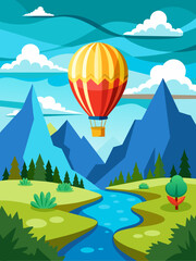 A vibrant hot air balloon floats gracefully against a picturesque landscape backdrop, casting colorful shadows over the rolling hills and lush greenery below.