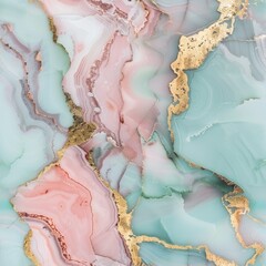 Seamless pink and turquoise marble stone pattern with gold veins
